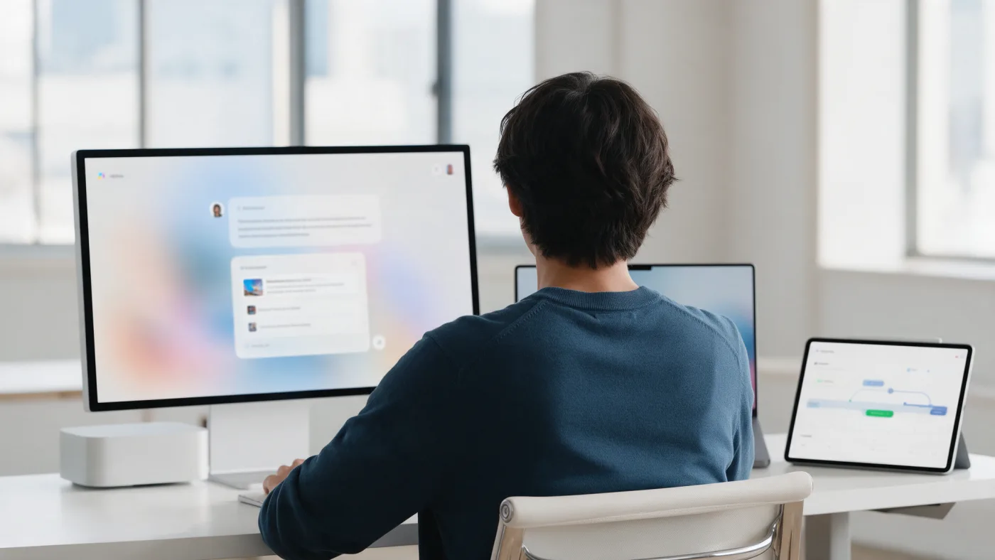 Persona de espaldas frente a un monitor con la respuesta de un asistente de IA y sus fuentes citadas, con un portátil y una tablet que muestra un cronograma de trabajo