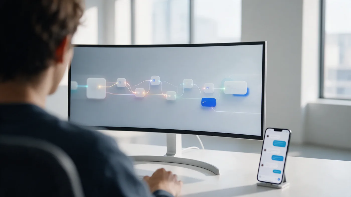Persona de espaldas ante un monitor curvo que muestra un flujo de automatización con bloques conectados, con un móvil al lado abierto en una conversación de chat